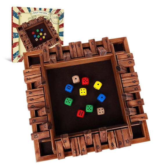 Shut The Box Dice Game with 10pcs Dices 12 inch Pub Bar Board Family Game 10 Numbers for Kids Adults