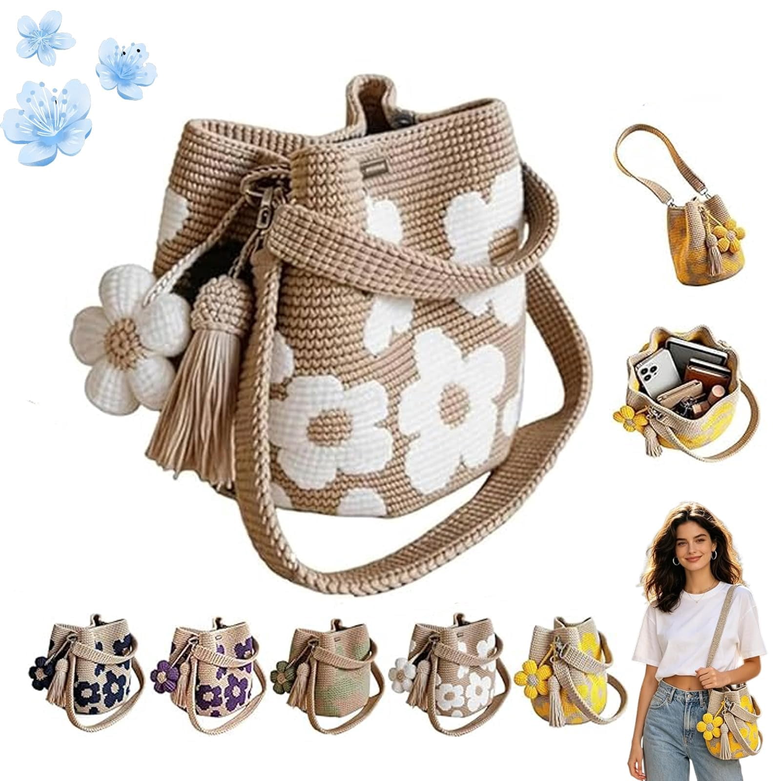 Handmade Crochet Flower Tote, Boho Knit Floral Woven Purse Bag, Hand Woven Knit Shoulder Crossbody Bag for Women Summer Beach Vacation, Large Capacity Woven Bag