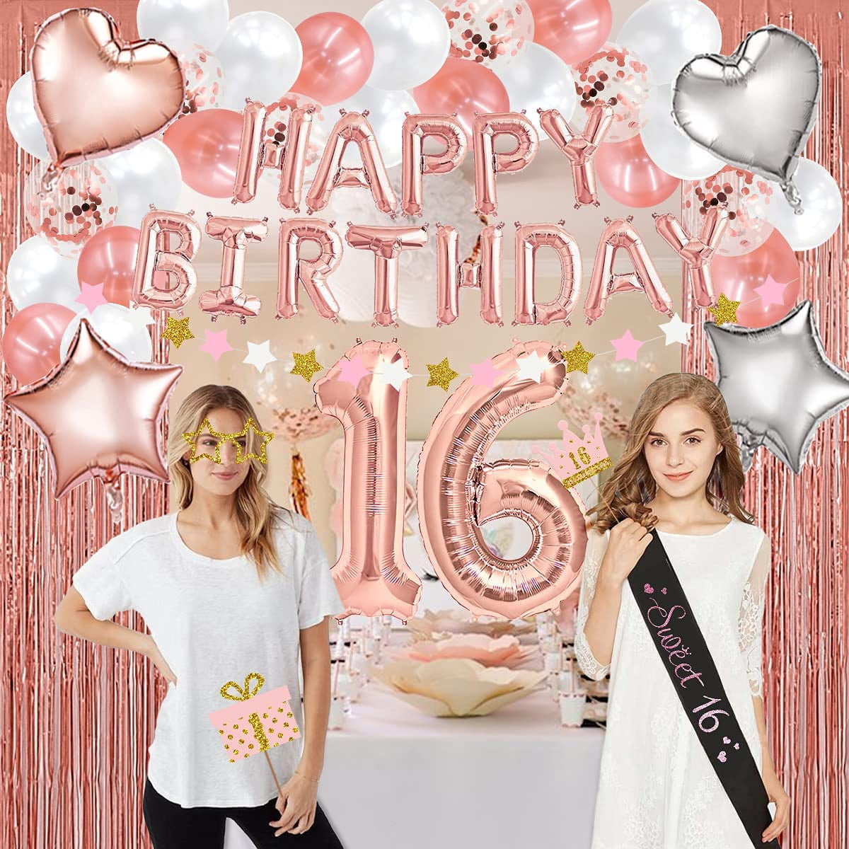 Rose Gold Sweet 16 Birthday Decorations With Photo Booth Backdrop and Props Sweet 16th Birthday Party Supplies Happy Birthday Banner, Confetti & Mylar Balloons, Curtains, Sash, Cake Topper, Tablecloth