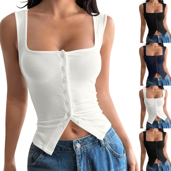 Smsaxvxz Tank Tops for Women Summer Fashion Square Neck Sleeveless Casual Solid Sexy Slim Blouse Tops White L