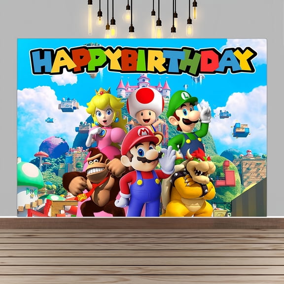 Mario Happy Birthday Anime Cartoon Theme Backdrops Banner Birthday Party Decor Supplies(5x3ft)