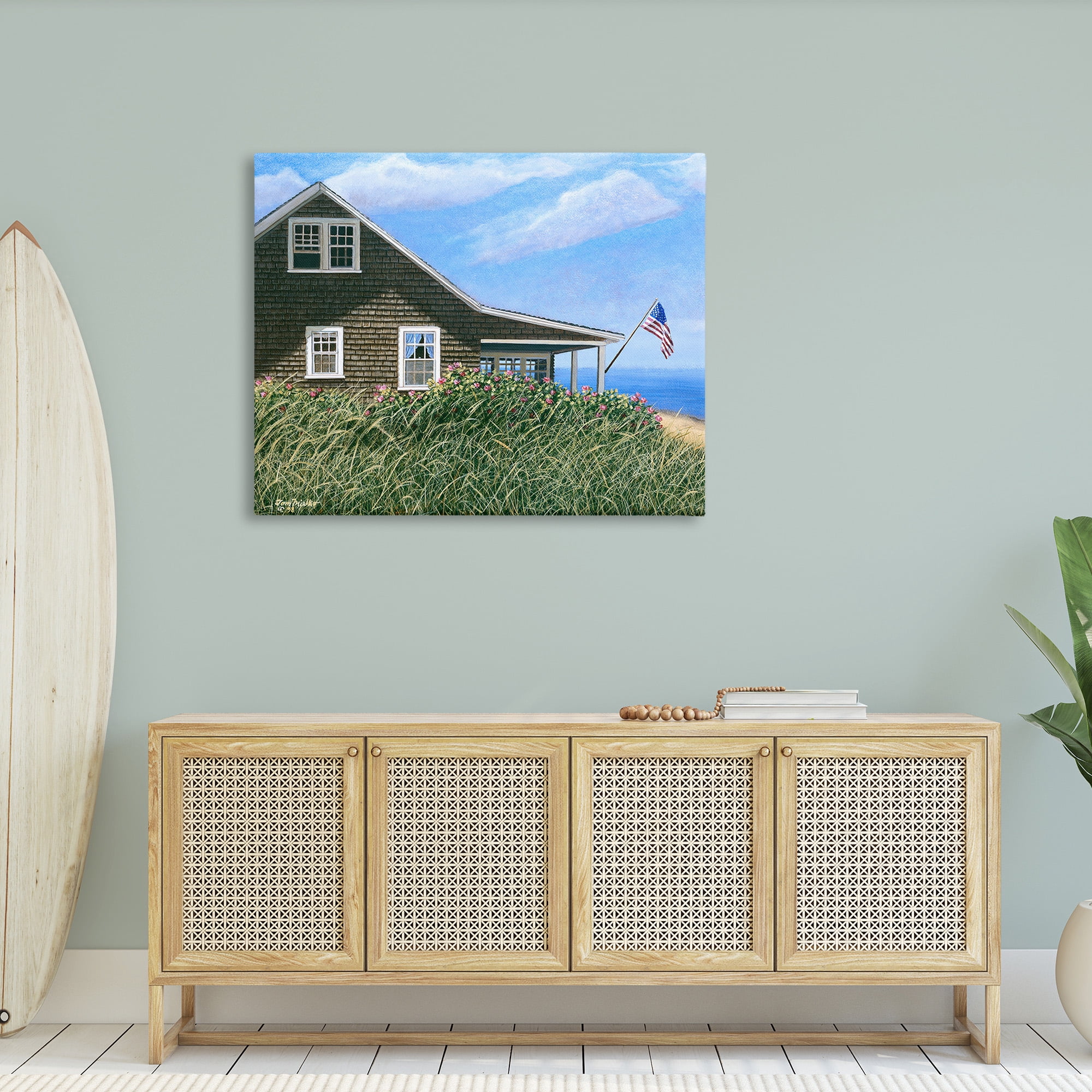 Stupell Industries Cape House with Flag Landscape Painting Gallery Wrapped Canvas Art Print Wall Art, 48 x 36