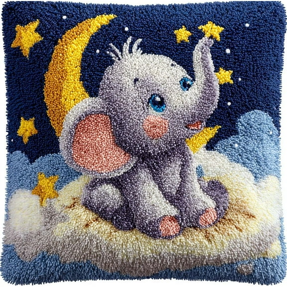 Latch Hook Kits Pillow Printed Canvas DIY Baby Elephant Looking Up at The Stars 17X17Inch Handmade Cushion Crochet Yarn Embroidery Needlework Hook Latch Kit Pillowcase Rug Cover