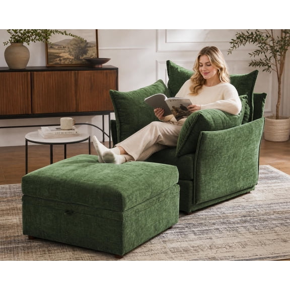 JULY'S SONG 24.5" Deep Seat Accent Chair with Ottoman, Modern Sofa Chairs in Living Room, Upholstered Oversized Chair with Detachable Cover & Removable Backrest, Green