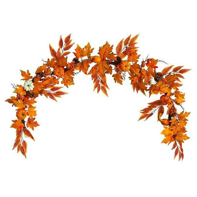 Nearly Natural W1217 6 in. Assorted Autumn Maple Leaves Pumpkins Gourds Berries & Pinecone Artificial Fall Garland