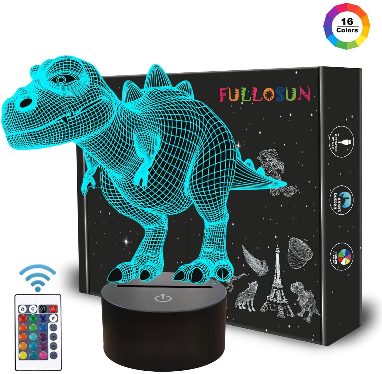 Dinosaur Gifts for Kids Led Dinosaur Illusion Lamp Three Pattern and 16 Color Change Decor Lamp with Remote Control for Kids 3D Dinosaur Night Light 