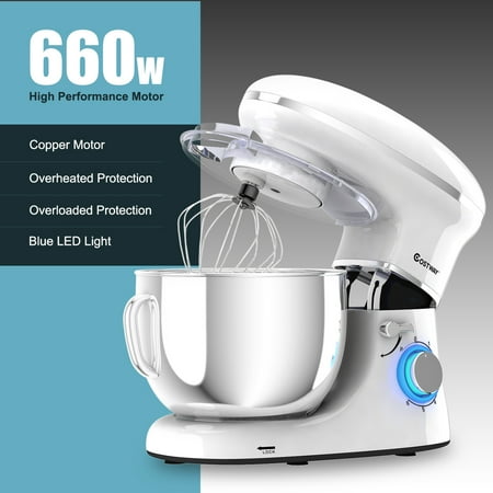 Costway - 6.3 Quart Tilt-Head Food Stand Mixer 6 Speed 660W - White