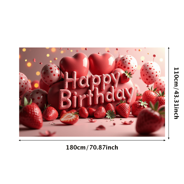 Pink Themed Happy Birthday Banner with Strawberry Elements Backdrop Party Decorations for Birthday Party Photography Props Celebrations Decor Background
