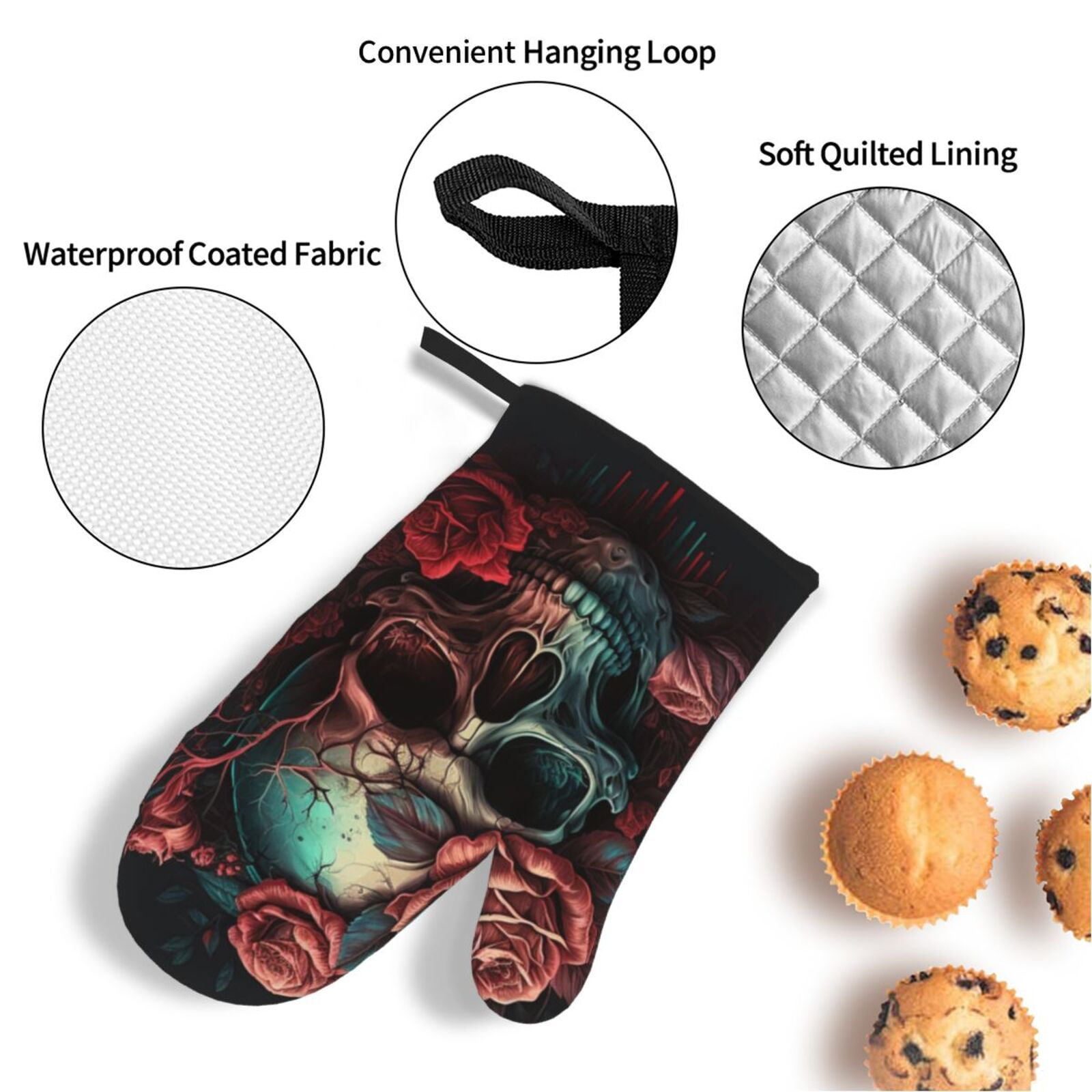 Skull Death Roses Retro 4Pcs Oven Mitts and Pot Holders Sets Oven Kitchen Gloves Hot Pads for Cooking BBQ Baking Grilling
