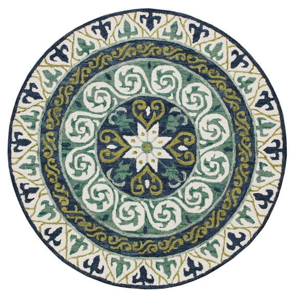 Laddha Home Designs 5' Blue and Green Geometric Medallion Hand Hooked Round Area Throw Rug