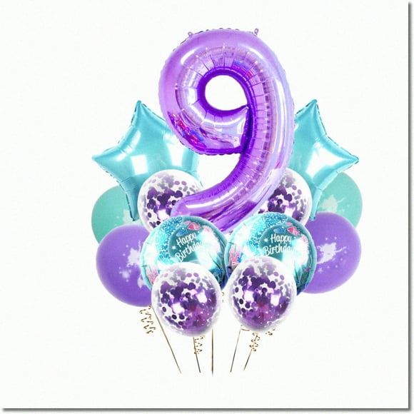 Kit de Fête Magique de Sirène: Décorations Enchanteresses de 9e Anniversaire avec le Ballon Violet Géant Numéro 9, la Toile de Fond de Thème de Sirène, et les Ballons de Latex. Parfait pour la Fête de Filles de 9 Ans!