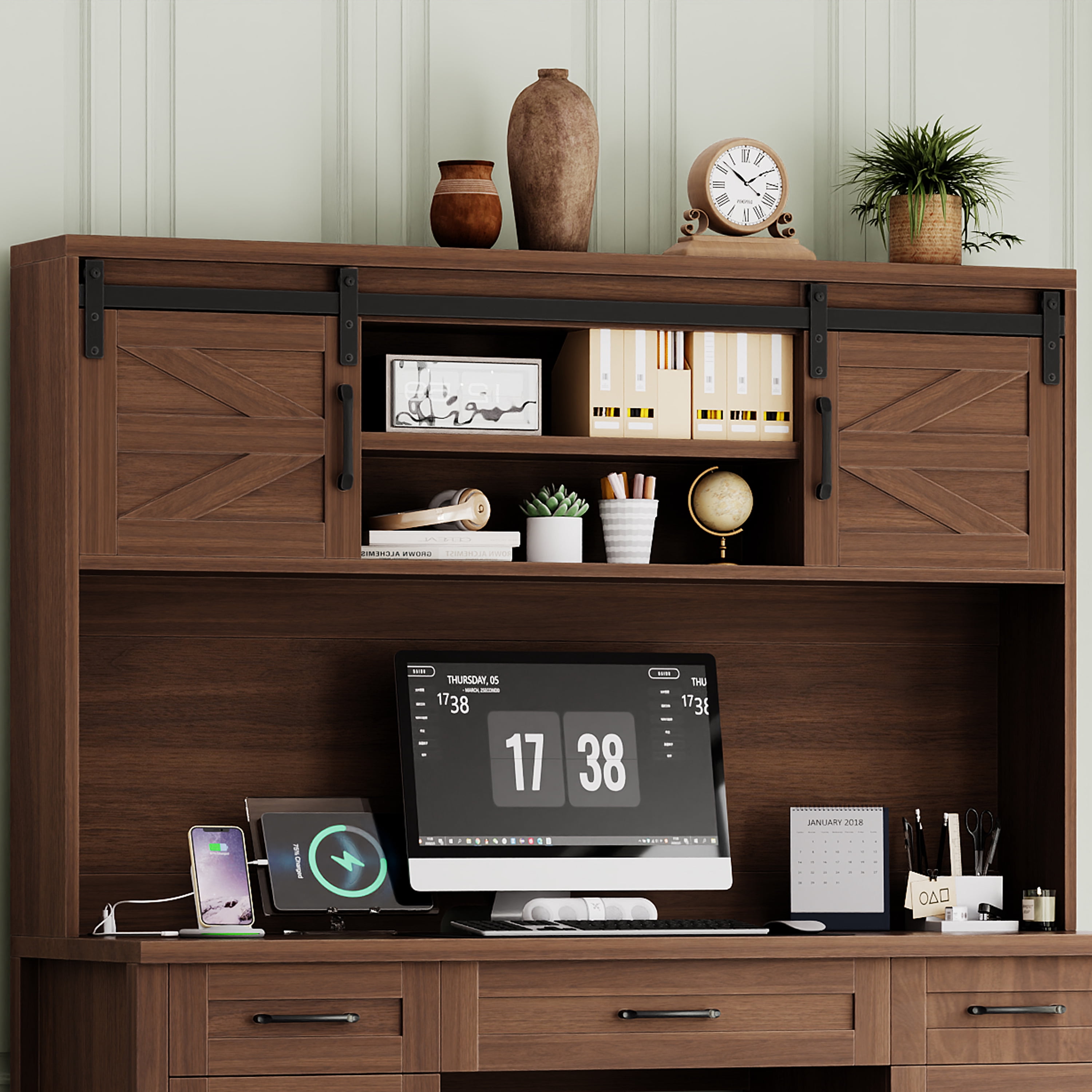 Mintazer Farmhouse Executive Desk with Storage Cabinets & Charging Station, Computer Desk with 2 Sliding Barn Doors and 5 Drawers & Adjustable Shelf for Home Office, Walnut