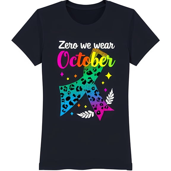 Women's Dark Blue T-Shirt with Glittery 'Zero We Wear October' & Rainbow Print Bow