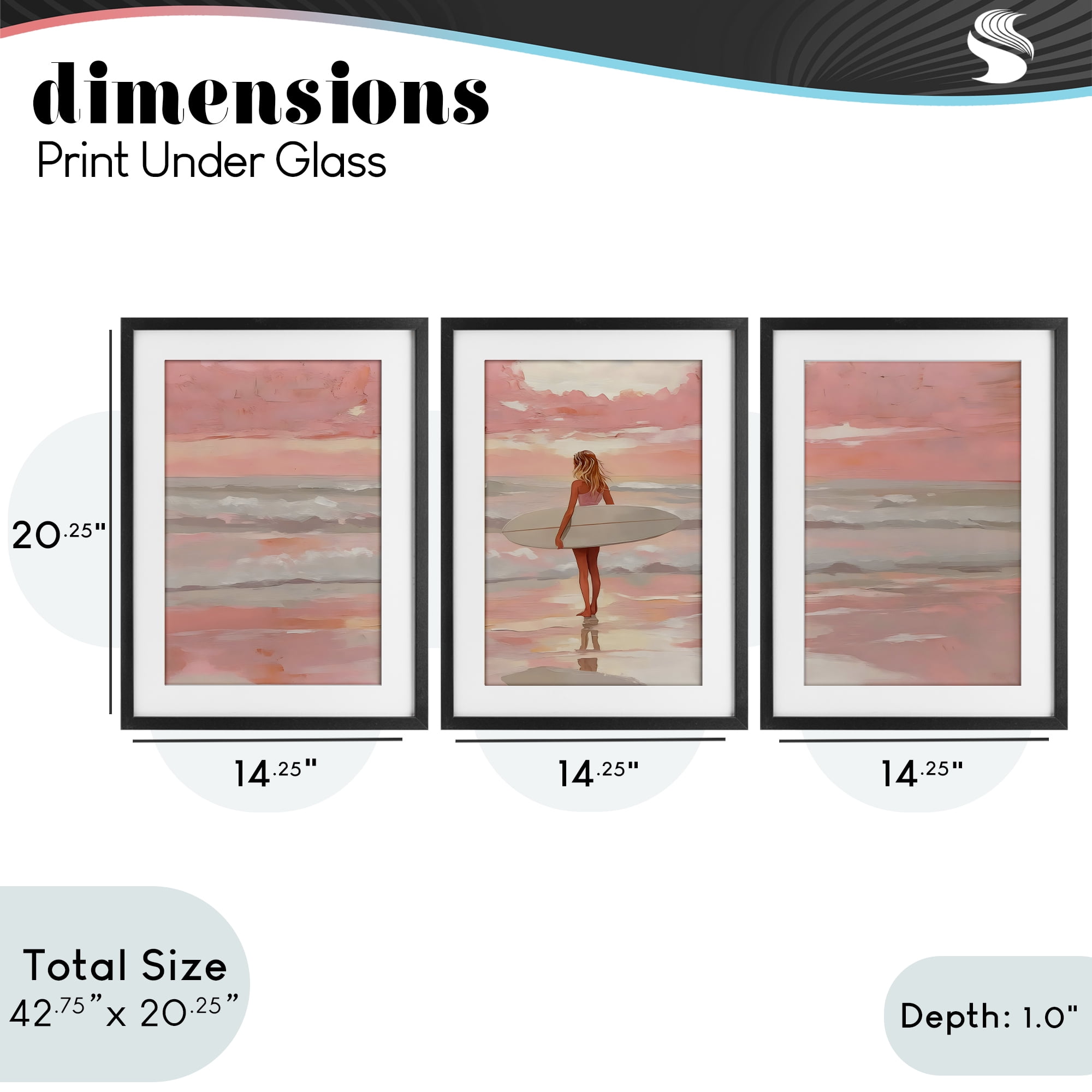 Stupell Industries Pink Sky Surfer Sunrise 3 Piece Black Framed Print Under Glass Set, design by LSR Design Studio