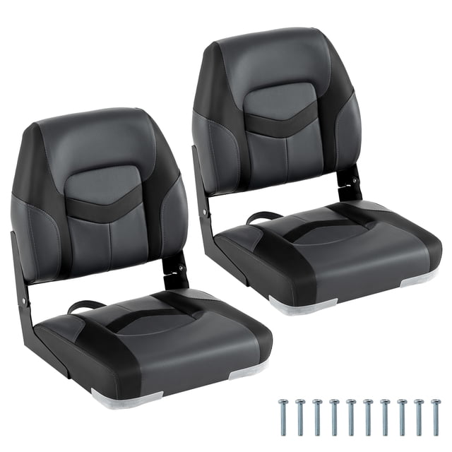 Gymax 2-Pack Boat Seats Folding Low Back Boat Chairs w/ Sponge Padding Fixing Bolts Black & Gray