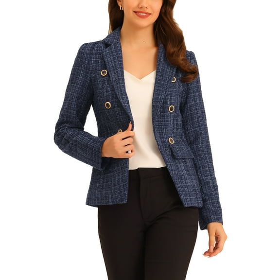INSPIRE CHIC Women's Tweed Jackets Notched Lapel Long Sleeve Open Front Plaid Tweed Blazer M Dark Blue Sparkly
