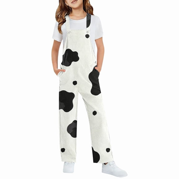 Generic Teen Girl Cow Overalls Adjustable Straps Wide Leg Casual Jumpsuit Onesie