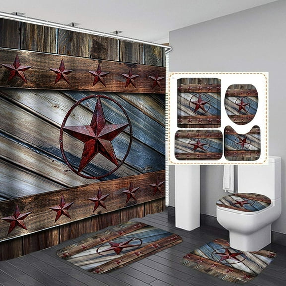 4PCS/Set Western Texas Star on Rustic Door Shower Curtain set, Brown Fabric Bath Curtain, Rustic Barn Wood Panel Vintage Country Farmhouse Bathroom Decor, Non-slip Bathroom Mat Toilet Rug