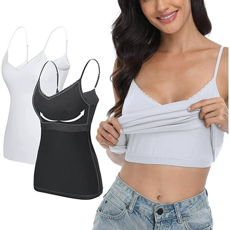 

Sociala Women s Lace V Neck Cotton Camisoles with Shelf Bra Tank Tops 2-packs
