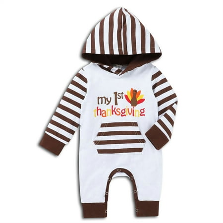 

Viworld Baby Girls Boys Thanksgiving Outfits My First Thanksgiving Romper Stripe Long Sleeve Hooded Jumpsuit for 3-6 Months