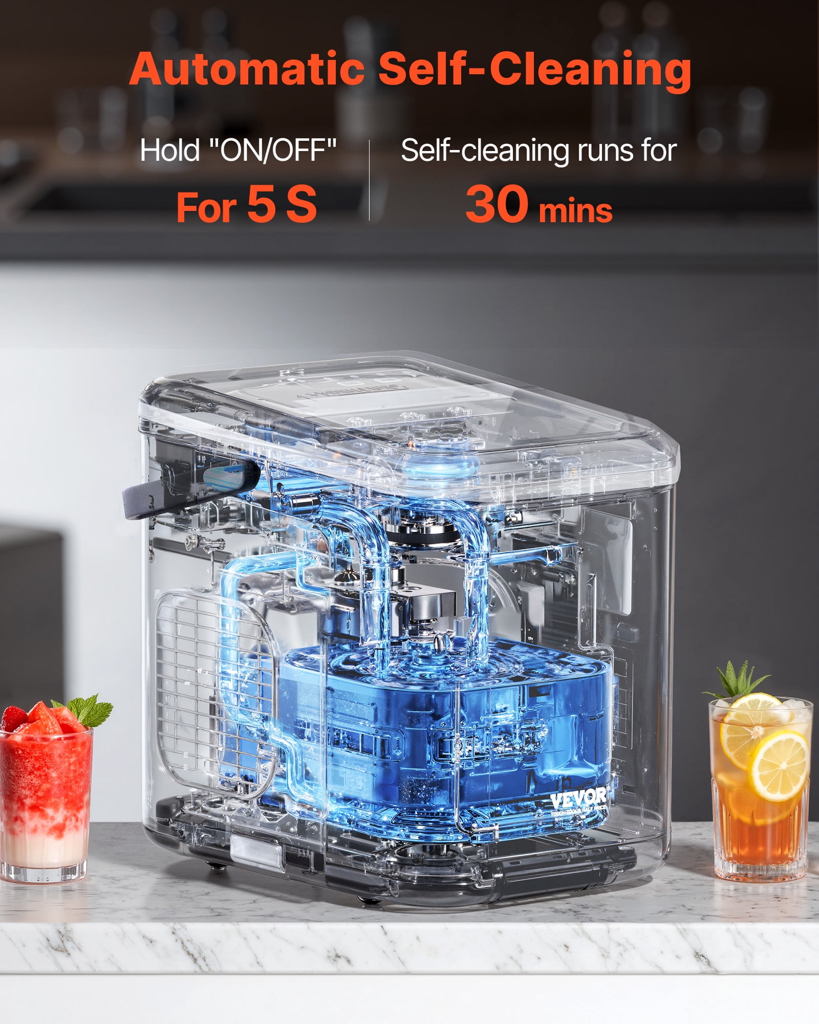 VEVOR Countertop Ice Maker, 9 Cubes Ready in 6 Mins, 26lbs in 24Hrs, Self-Cleaning Portable Ice Maker with Ice Scoop and Basket, Ice Machine with 2 Sizes Bullet Ice for Home Kitchen Office Bar Party