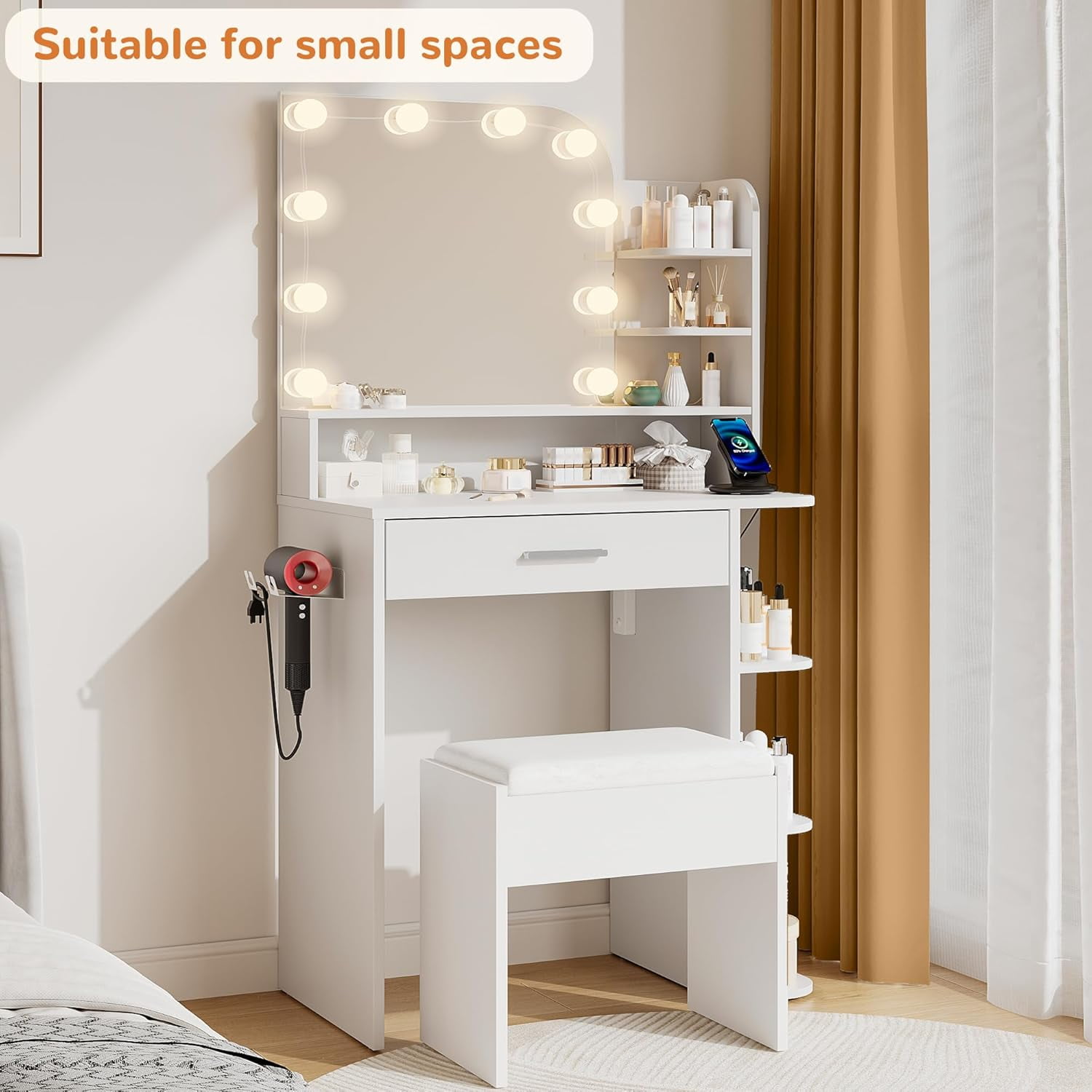 makeapile Makeup Vanity with Chair, Small Vanity Desk with Mirror , Lights 3 Colors and Power Outlet, Compact Vanity Table for Small Space, White