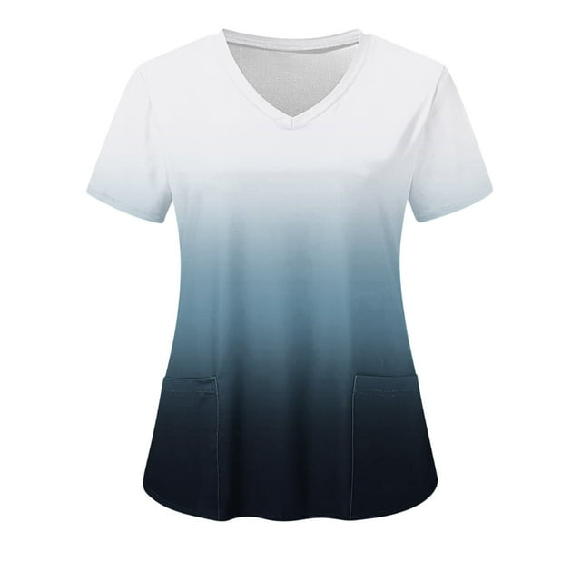 Hauts de Scrubs Dégradés à Col en V pour Femmes, Uniforme Médical Extensible Doux Résistant aux Plis avec 2 Poches, Blouse Légère et Confortable à Manches Courtes Imprimée Marine
