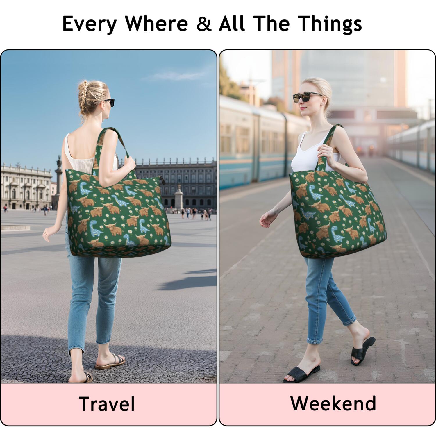 Green Highland Cow Dinosaur Pattern Travel Tote Bags for Women Carry On,Large Weekender Bags for Women Travel,Multi Functional Duffle Bag for Work,Shopping,Sports