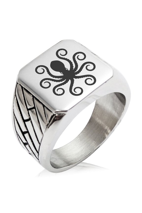 Stainless Steel Legendary Kraken Geometric Pattern Biker Style Polished Ring