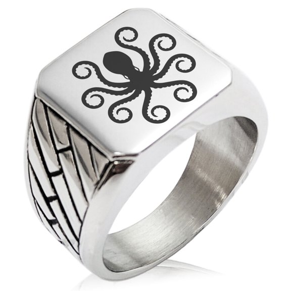 Stainless Steel Legendary Kraken Geometric Pattern Biker Style Polished Ring