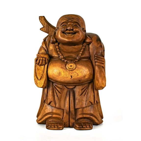 Wooden Traveling Happy Buddha Statue Hand Carved Smiling Sculpture Handmade Figurine Decorative Home Decor Wood Accent Handcrafted Art Decoration Happy Buddha Traveling Size: 8" Tall