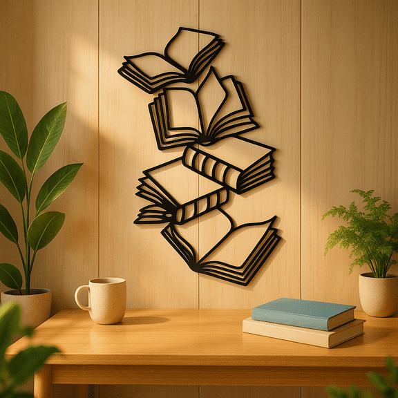 HELLOYOUNG 14.57 Inch Reading Space Wall Accent Book-Themed Metal Sculpture Minimalist Black Open Stack Living Room Decor Reading Room Accent Artistic Wall Piece