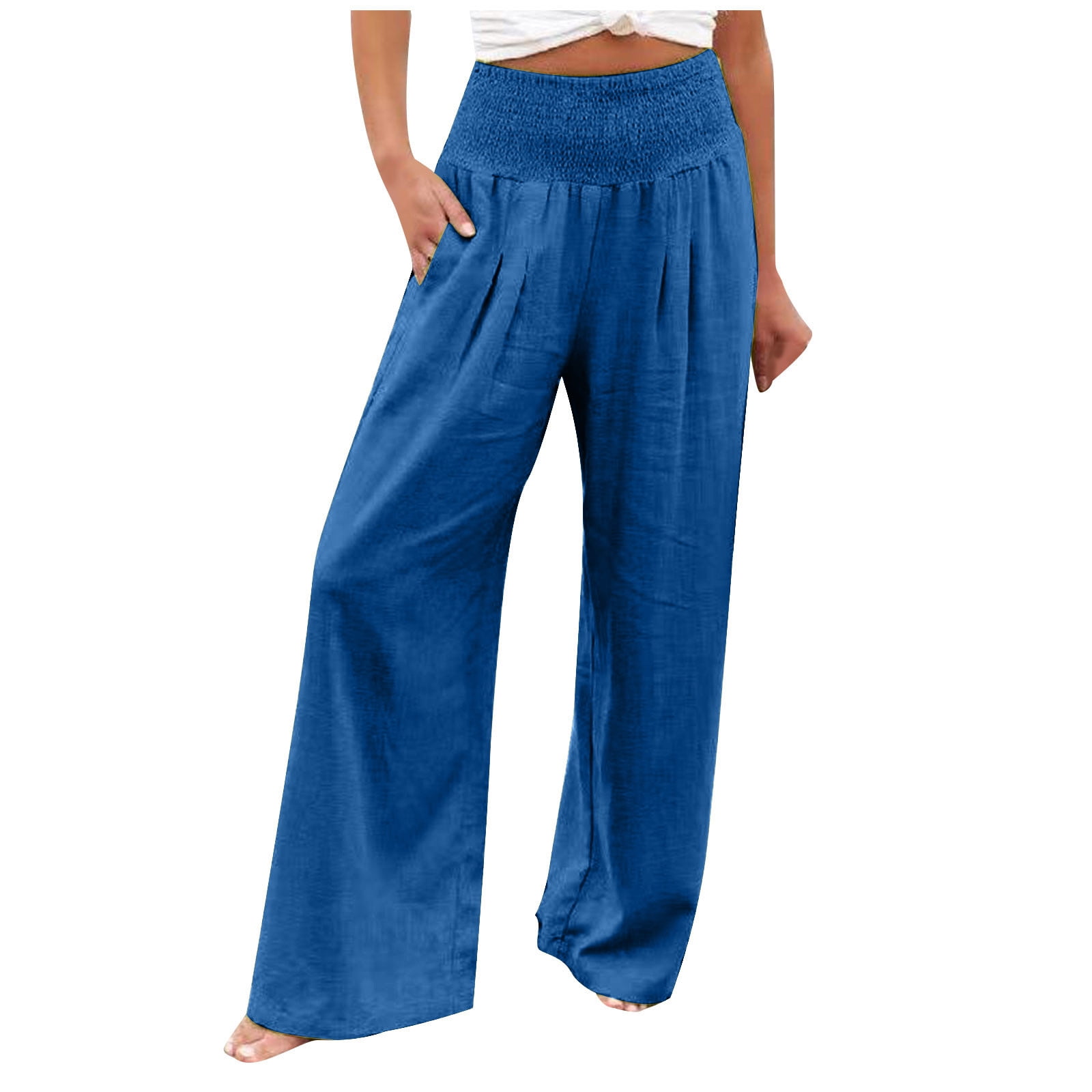 Zeceouar Wide Leg Linen Pants For Women Summer Casual Slim High Elastic ...