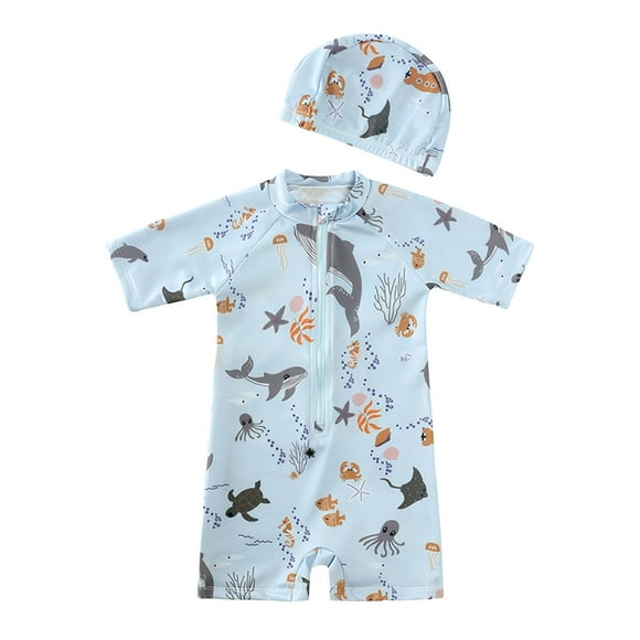 Splozh Baby Boys One Piece Rashguard Toddler Girls Boys Zipper Beach Swimsuit Floral Swimwear Swim Cap Swimsuit Sky Blue,2-3 Years