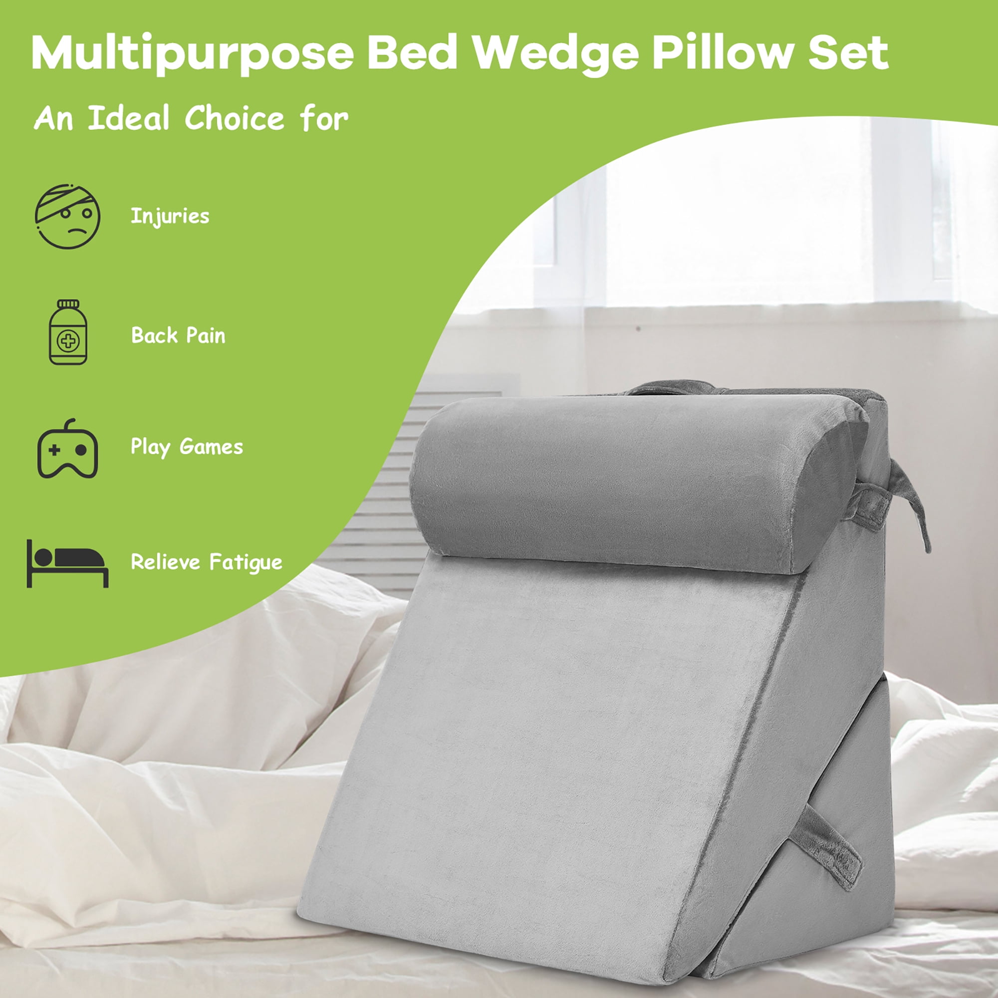 Costway Bed Wedge Pillow Adjustable Neck Back Support Memory Foam Headrest Gray