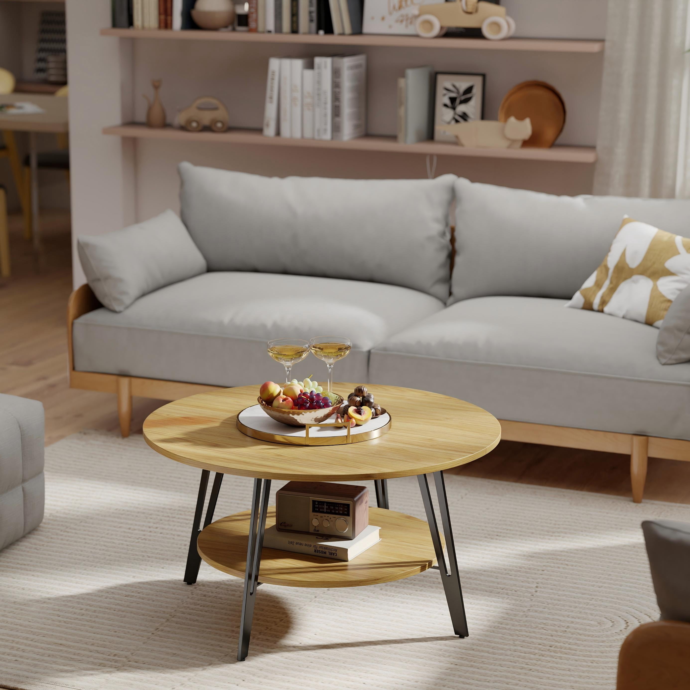 Manora Round Coffee Table with Storage 2-Tier Design, Vintage Coffee Table for Living Room, Natural
