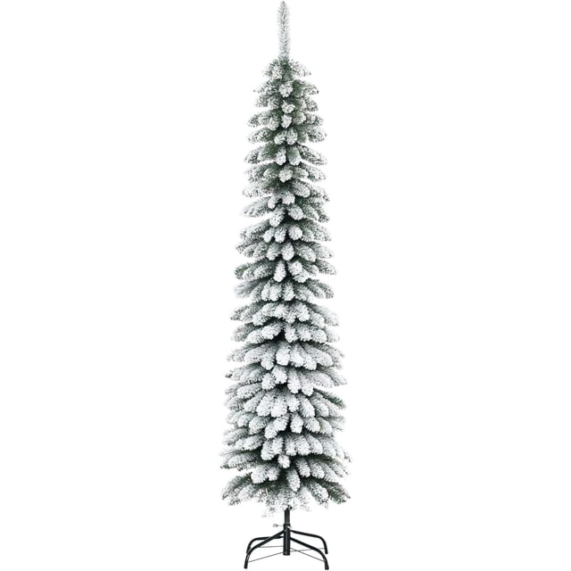 HOMCOM 6 FT Snow-Flocked Artificial Christmas Tree, Slim Pencil Xmas Tree with Realistic Branches, Metal Base, Green