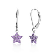 Sterling Silver 925 Star Dangle Leverback Earrings with Pavé Cubic Zirconia Purple