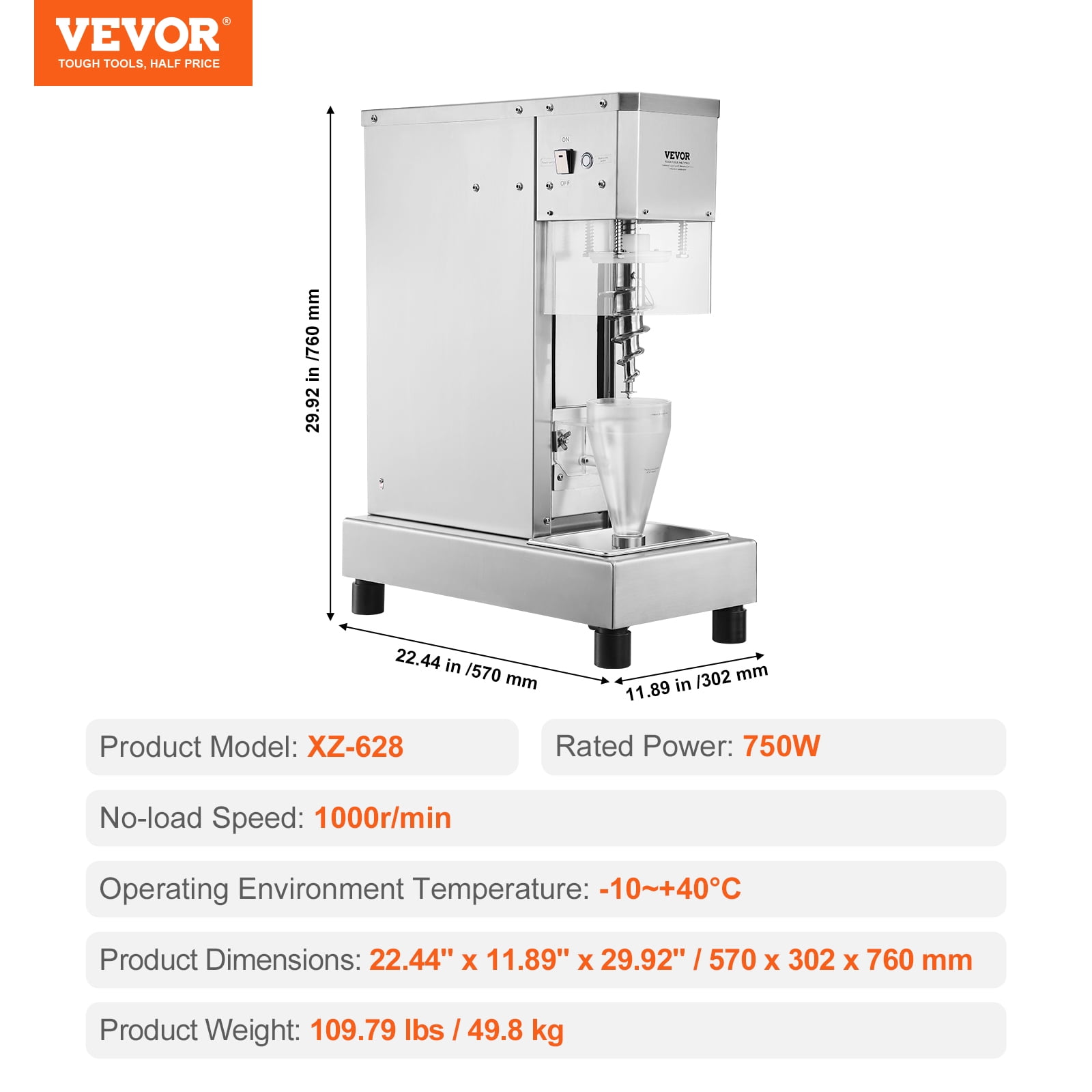 VEVOR Ice Cream Blender,750W High-Speed Ice Cream Maker Mixer Stir Machine 1740RPM, 304 Stainless Steel Ice Cream Shaker, Long Handle + PC Protective Shield, Customizable with any Flavor of Ice Cream