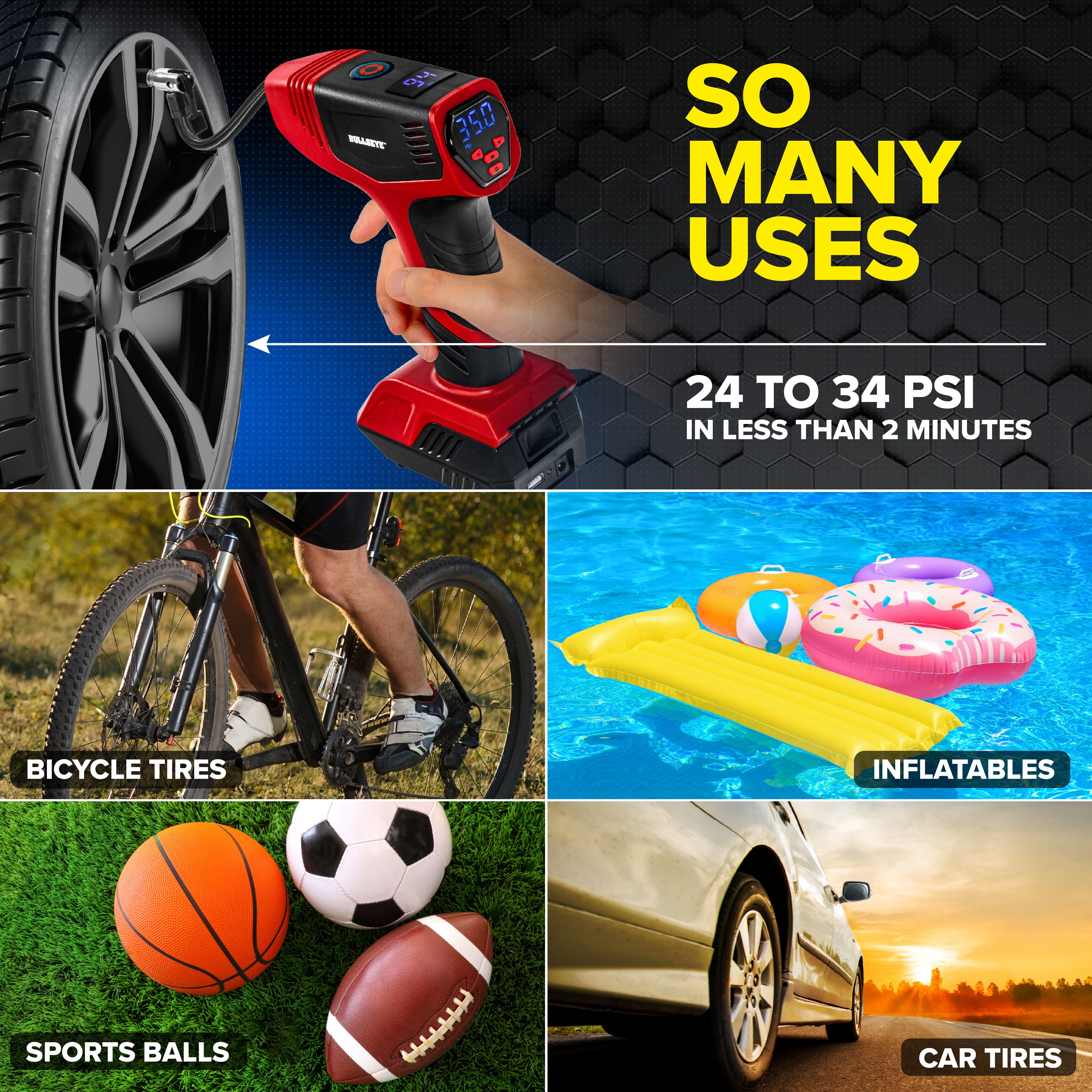 Bullseye Pro Tire Inflator 150 PSI Electric Air Compressor Portable Air Pump Car Bike LED 12V DC Red