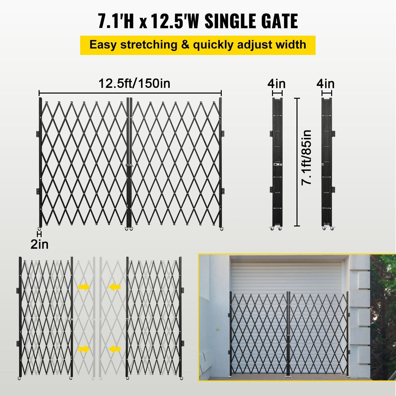 HCY Double Folding Security Gate, 6-1/2' H x 12' W Folding Door Gate, Steel Accordion Security Gate, Flexible Expanding Security Gate, 360掳 Rolling Barricade Gate, Scissor Gate or Door with Keys