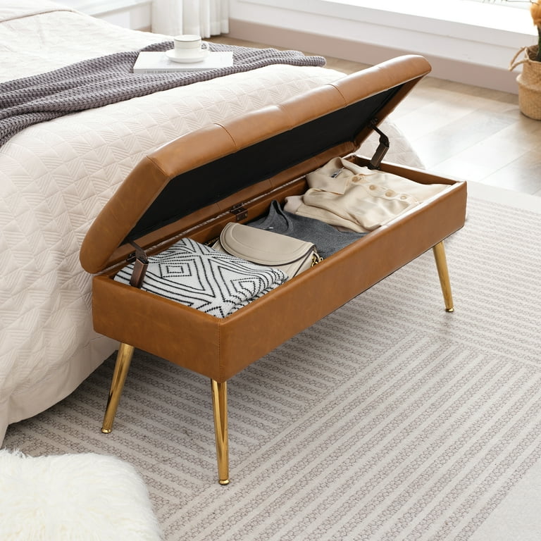 Storage Bench Entryway Bench Ottoman for Bedroom End of Bed Modern Leathers Benche Bedroom Benches for Foot of Bed Upholstered Bench with Golden Legs