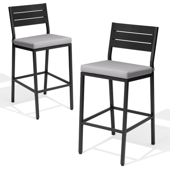 Crestlive Products Outdoor Bar Stools Set of 2, Patio Counter Height Barstools with Cushions, Outdoor Bar Chairs with Back & Footrest for Deck, Patio, Backyard, Garden, Poolside, Light Gray