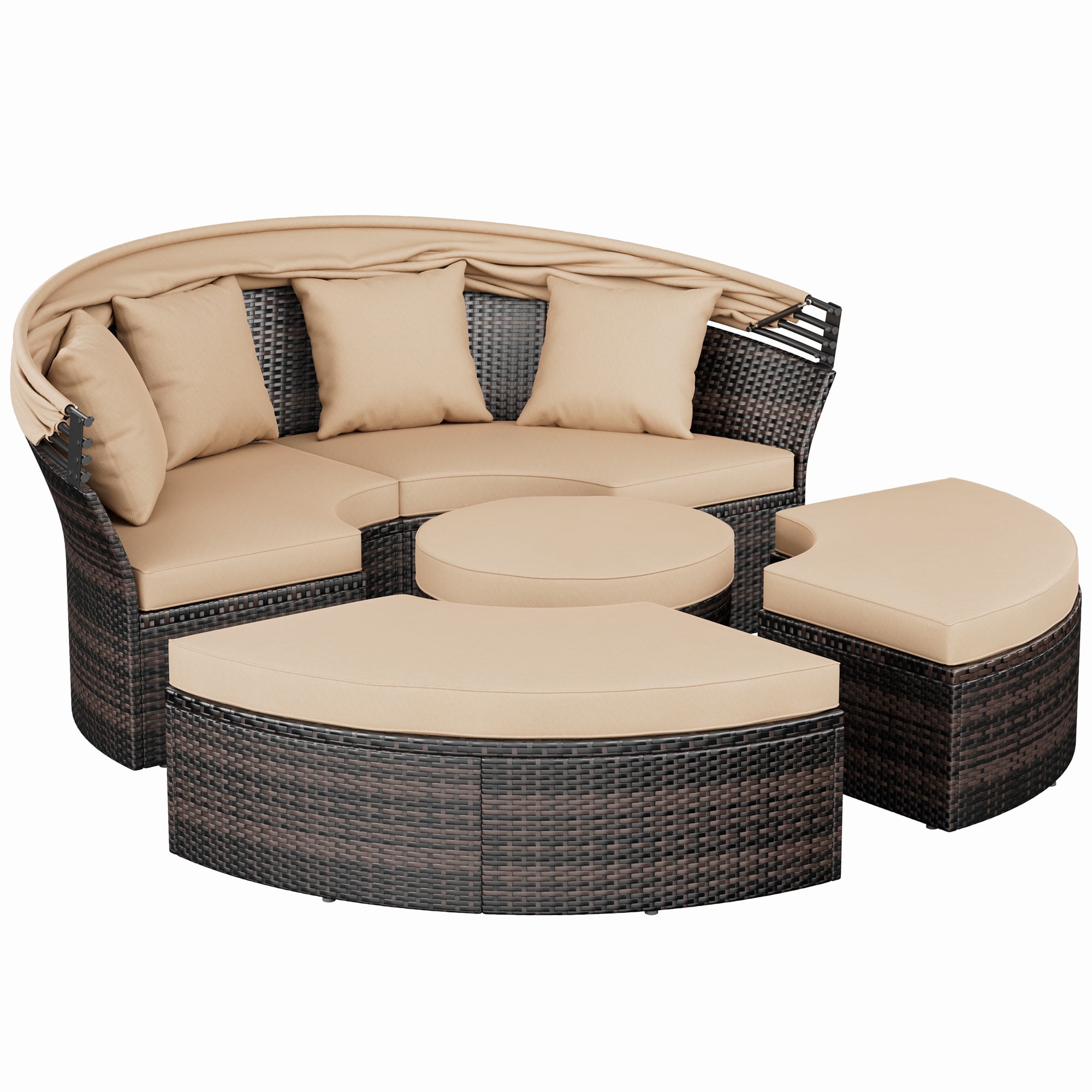 SUNCROWN Outdoor Rattan Round Retractable Canopy Daybed Patio Sofa Furniture Brown Clamshell Sectional Seating with Washable Cushions
