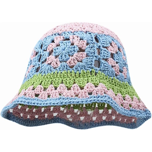 Crochet Bucket Hat for Women Teens Wide Brim Hollow Floral Fisherman Hat Acrylic Knit One Size