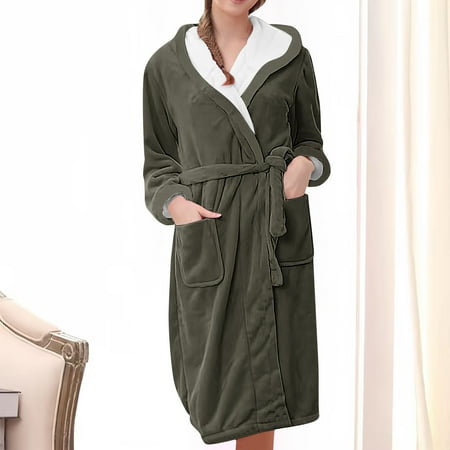 uublik Long Robes for Women Flannel Robes Casual Hoodies Long Sleeves Robes Winter Woman Bathrobe Nightwear Army Green