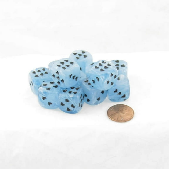 Ligt Blue Cirrus Dice with Black Hearts D6 16mm (5/8in) Pack of 12 Wondertrail