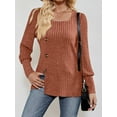 thumbnail image 3 of KelaJuan Women Fashion Ribbed T-Shirts Solid Color Square Neck Buttons Puff Long Sleeve Shirts Spring Fall Casual Loose Fit Tops, 3 of 6