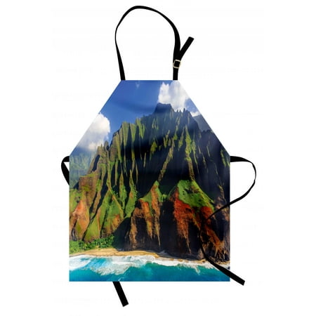 Aaron Photograph - Hawaiian Apron Aerial View of Na Pali Coast Kauai Hawaii Mountain Cliff Seacoast Scenic Photo, Unisex Kitchen Bib Apron with Adjustable Neck for Cooking Baking Gardening, Green Brown, by Ambesonne