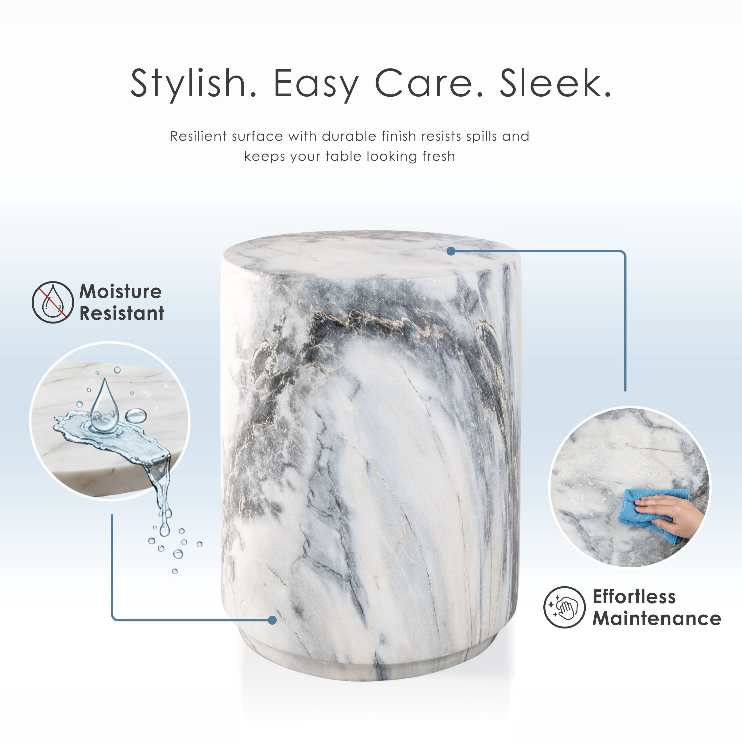 Furniture of America Isla Modern Stone Indoor & Covered Patio Round Drum End Table, Blue Gray Marble